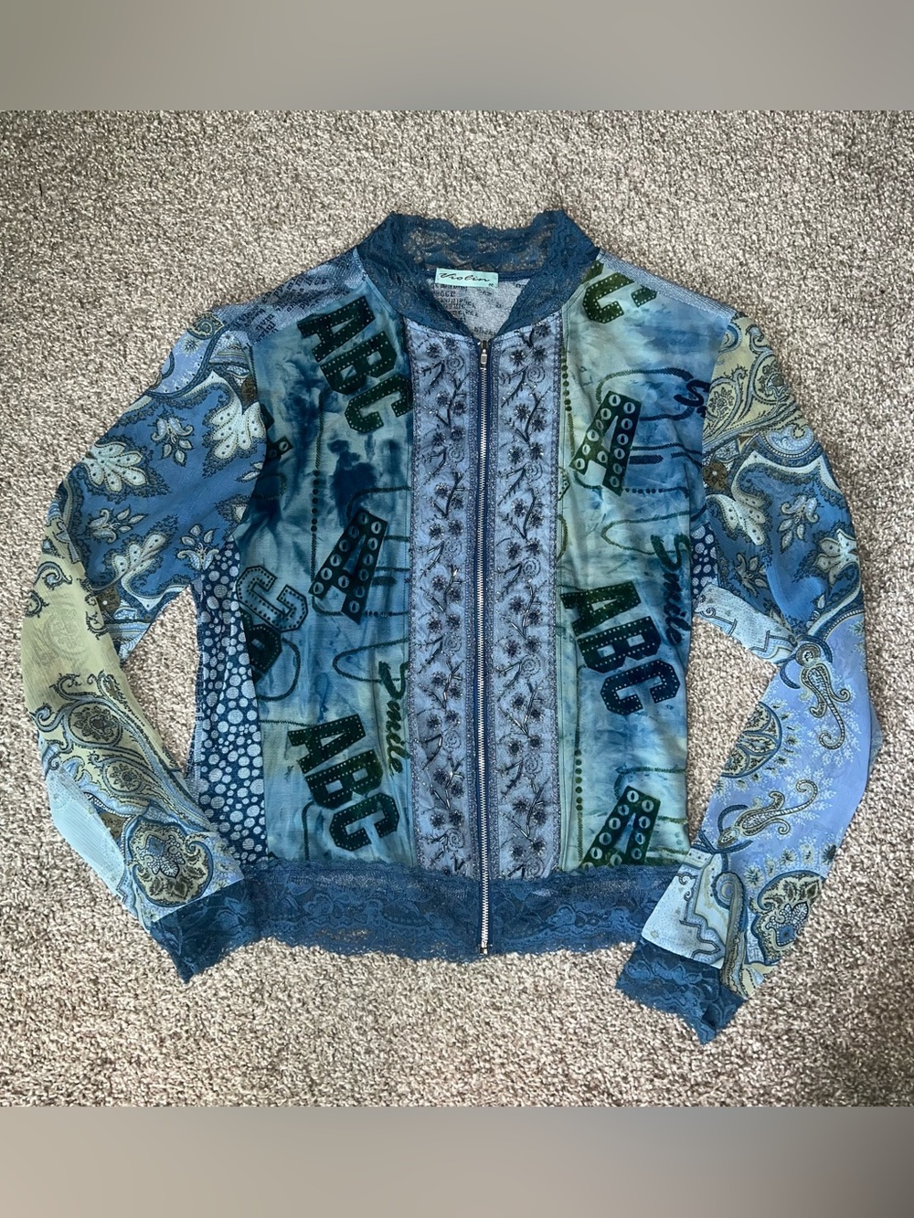 Lace Trim Zip-Front Jacket🩵💙💚